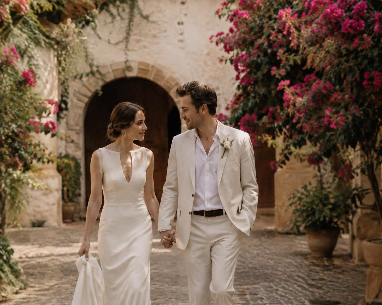 Pareja ficticia caminando en una hacienda